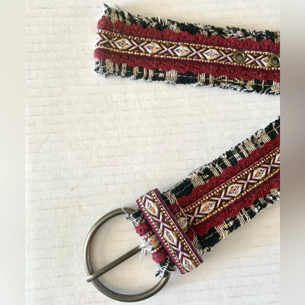 90s Aztec tribal print woven cloth fringe belt Bohemian Boho